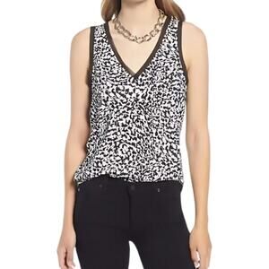 Halogen V Neckline Tank Top Sleeveless Raw Edge Animal Print Black/White S NWOT